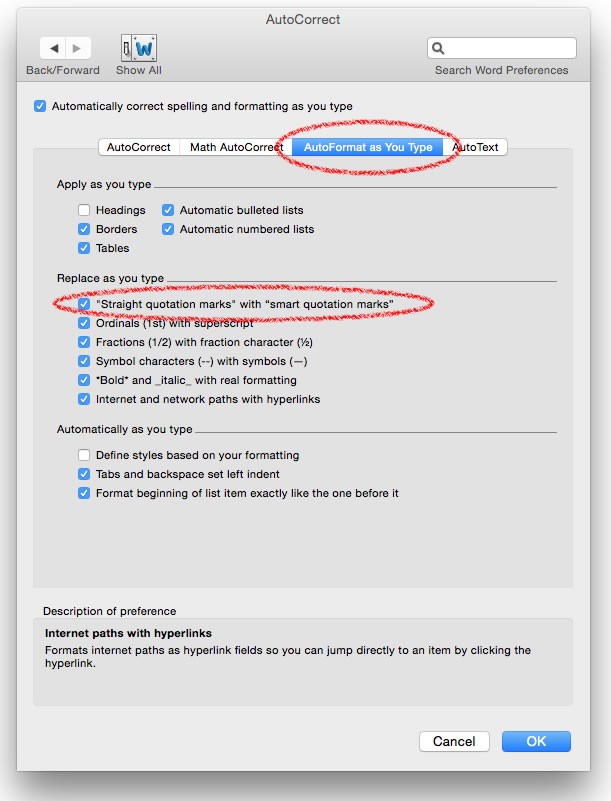 quotation marks settings