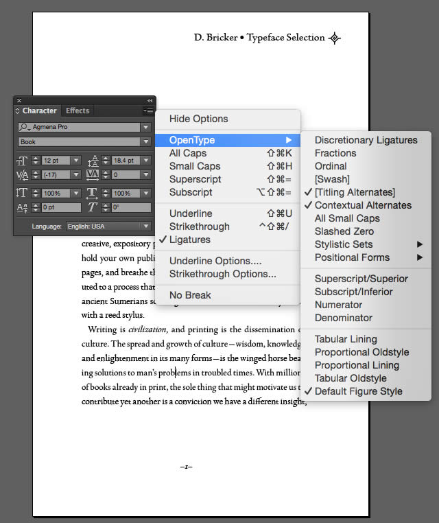 Accessing OpenType features in Adobe Indesign